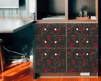 FLFK Peel and Stick Gothic Wallpaper Red Rose Floral Wallpaper 16in x 128in Waterproof Removable Wall Paper for Bedroom Bathroom Cabinet Decor