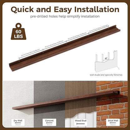 72 Inch Floating Shelves for Wall | Wood Picture Ledge Shelf Set of 2 | Solid Ash Wood Floating Shelves with Lip | Picture Shelf for Wall with Ledge | Photo Ledge Shelves