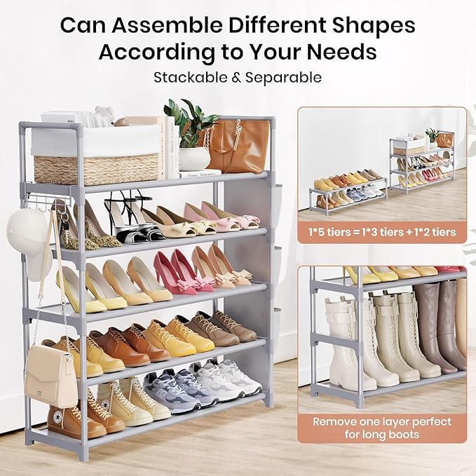 Shoe Rack for Closet Shoe Organizer Space Saver Storage for 20-25 Pair Shoe Shelf with Hook and Side Pocket Free Standing 5 Tier Shoe Rack Organizer for Entryway,Small Spaces, Grey