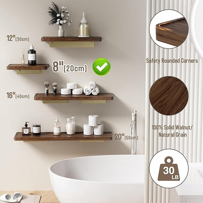 Danpoo 8 Inch Solid Wood Wall Shelf for Storage, Wall Mounted Rustic Walnut Wood Shelves for Bathroom, Living Room, Bedroom and Kitchen