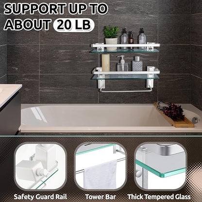 Suzile Set of 2 Glass Bathroom Shelves with Bar, Wall Mounted 15.7 x 4.7 Inches, Bathroom Shelves Hanging Modern Floating Shelf Metal Stick Room Rustproof Organizer Decorative(Silver)