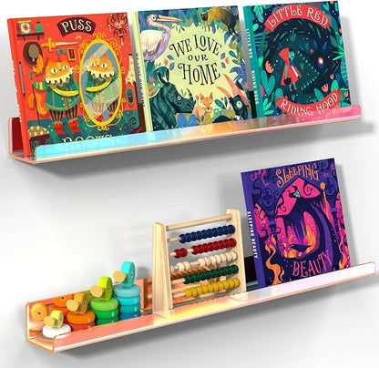 NiHome Set of 2 Magnetic Acrylic Floating Book Shelves, 24 Inches Long for Whiteboard, Classroom and Fridge Storage, Holds Up to 8.5 lbs, Sleek Design Organizer for Large Picture Adhesive (Iridescent)