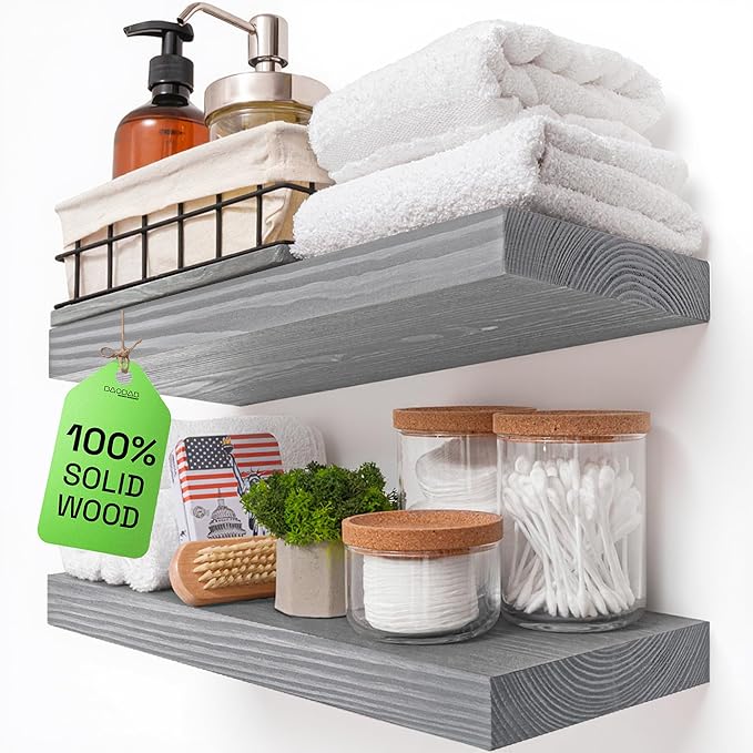 BAOBAB WORKSHOP Wood Floating Shelves for Wall - Rustic Shelf 16 inch - Grey Bathroom Shelves - Solid Wood Shelves for Wall for Bedroom Kitchen Living Room - Gray Finish, 16W × 6.7D, Set of 2