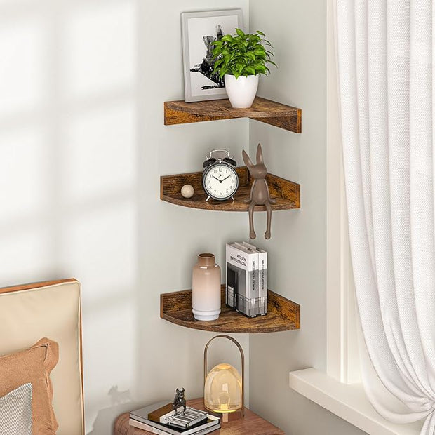Fun Memories Corner Shelf Wall Mount, Wood Floating Corner Shelves, Corner Wall Shelf for Bedroom, Bathroom, Kitchen, Living Room (Brown, 3 Pack)