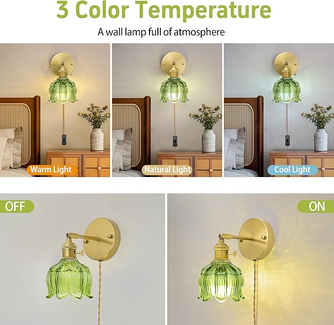 Plug in Wall Sconces Set of 2, Plug in Wall Lamp, Vintage Wall Light with Green Tulip Glass Lampshade, 3-Way Dimmable with Dual Switches, No Wiring Needed for Bedroom Wall Decor and Hallway