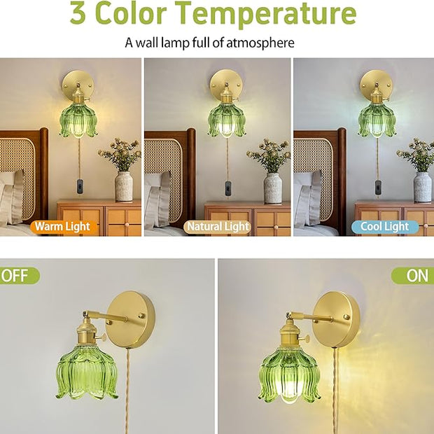 Plug in Wall Sconces,Plug in Wall Lamp, Vintage Wall Light with Green Tulip Glass Lampshade, 3-Way Dimmable with Dual Switches, No Wiring Needed for Bedroom Wall Decor and Hallway