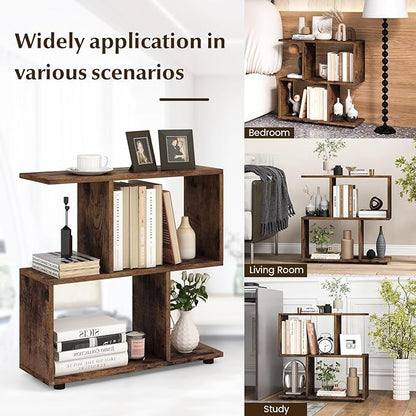 Giantex 3-Tier Geometric Bookshelf Set of 2, 24" Tall Wood S-Shaped Display Shelves with Thick Foot Pads, Freestanding Open Shelves Nightstand, Floor Standing Display Shelf Bookcase, Brown