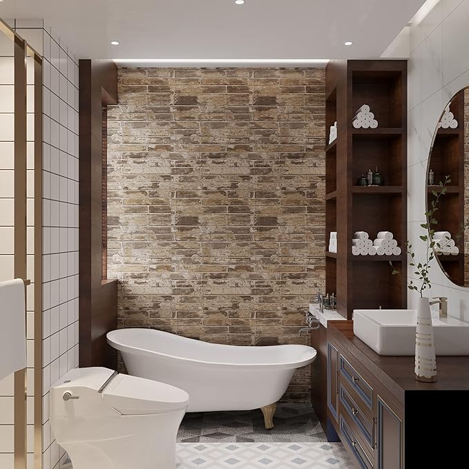 VEELIKE Brown Faux Brick Wallpaper 15.7''x118'' 3D Textured Peel and Stick Wall Paper Self Adhesive Waterproof Contact Paper for Wall Kitchen Backsplash Room Decor Vinyl