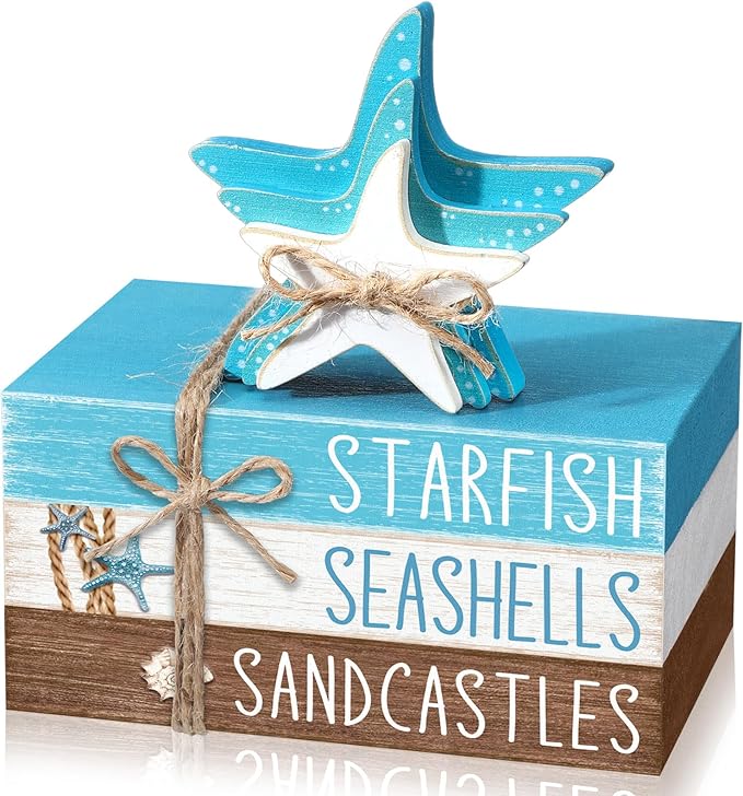 Geelin 4 Pcs Summer Beach Tiered Tray Decor Wooden Book Stack Signs, Starfish Seashell Coastal Nautical Table Centerpiece for Shelf Coffee Bar Home Kitchen Beach House Decorations