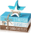 Geelin 4 Pcs Summer Beach Tiered Tray Decor Wooden Book Stack Signs, Starfish Seashell Coastal Nautical Table Centerpiece for Shelf Coffee Bar Home Kitchen Beach House Decorations