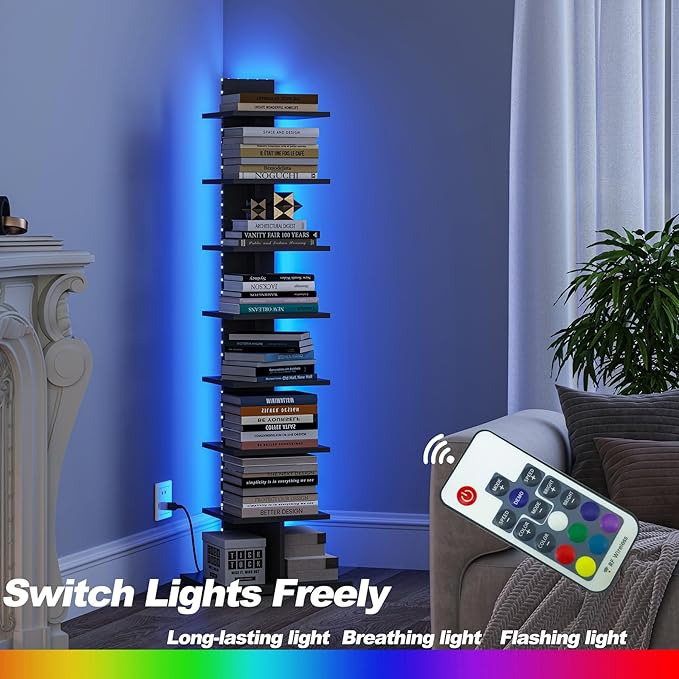 TUTOTAK Narrow Bookshelf, 8-Tier Bookcase with LED Lights, Spine Book Shelf for Small Space, Corner Standing Shelf for Living Room, Office, Study, Entryway, Black BS06BK008L