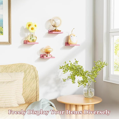 SRIWATANA Small Floating Shelves Wall Mounted, Wood Shelf for Decoration and Storage Set of 4, Mini Display Shelf for Bedroom, Bathroom, Kitchen, Office (Pink, 5 inch)