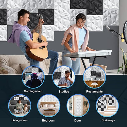 Acoustic 3D Wall Panels, 12 Pack Square Sound Proof Panels for Interior Wall Décor, Hollow Sound Absorbing Panel for Studio, Living Room, Home, Hotel, 12''x12'' Cover 12 sq ft, Thin style, White