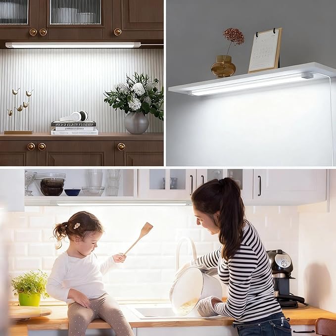 2Pcs 24 Inch Under Cabinet Lights with Hand Wave, Under Counter Lighting 5000K Cold White,Dimmable,Plug and Play,LED Lights for Kitchen Cabinet, Cupboard, Closet, Desk
