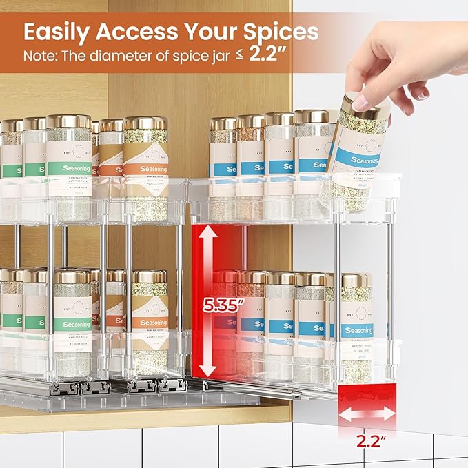 Pull Out Spice Rack Organizer for Cabinet, Slide Out Spice Racks Organizer, Easy to Install Spice Cabinet Organizers, 2.3''Wx10.66''Dx8.11''H, 3 Packs-2 Tiers(Clear)