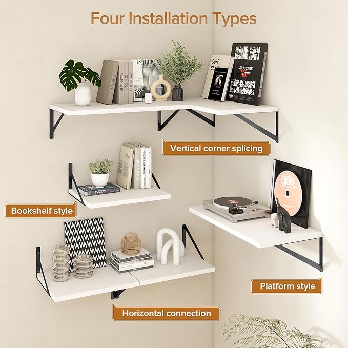 Deep Floating Shelves Wall Mounted, 48"x12" White Wall Shelves with Brackets Set of 2 for Bedroom, Living Room, Bathroom, Kitchen, Office - Storage & Display Shelf for Decor, Books, Plants