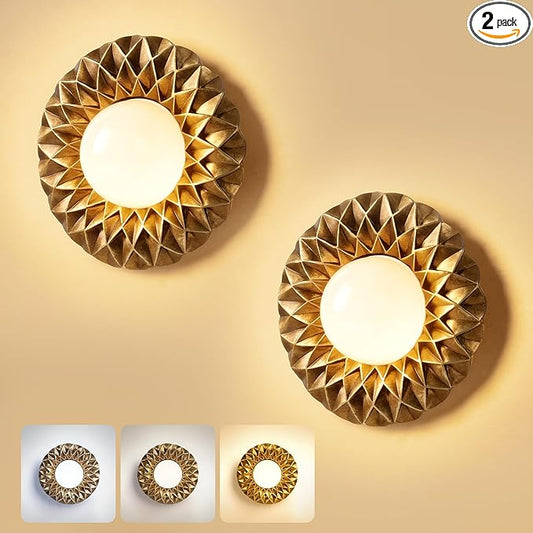 AELS Battery Operated Wall Sconces Set of 2, Vintage Gold Wireless Wall Lights with 3 Color Temps & Dimmable RGB Mode, Rechargeable with Detachable LED Bulbs & Remote for Bedroom Living Room，Geometric