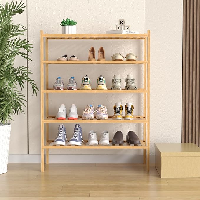 5 Tier Bamboo Shoe Rack for Closet Free Standing Wood Shoe Shelf for Entryway Small Space Stackable 27