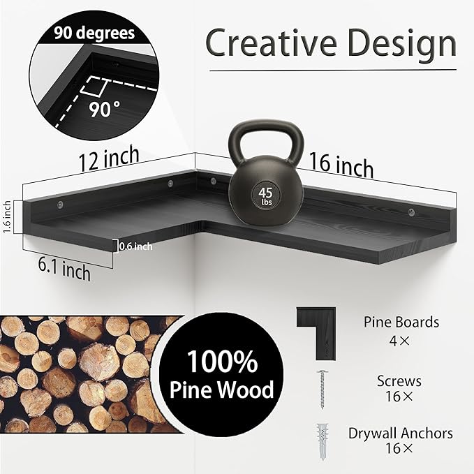 4 Tier Floating Corner Shelves Black Set of 4, Rustic Pine Wooden Floating Corner Wall Shelf for Wall Décor Storage, L Shaped Corner Shelf Wall Mount For Bedroom, Living Room, Bathroom, Kitchen.