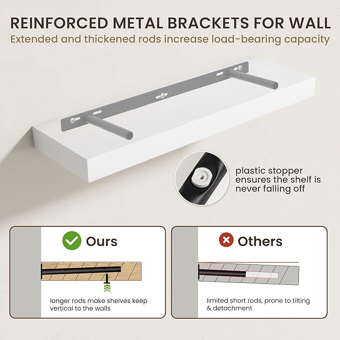 40 Inch Floating Shelves | 6.5 Inch Deep White Floating Shelves Set of 2 | 40