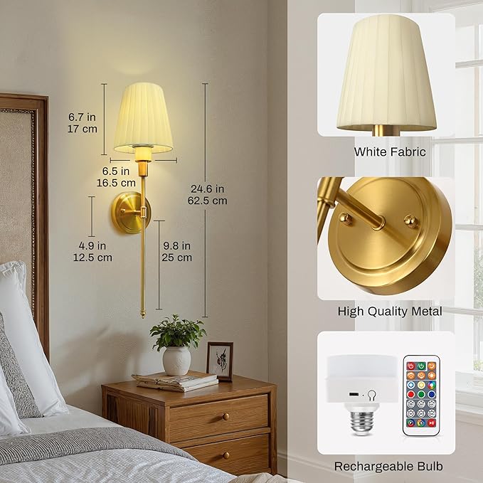 DORESshop Battery Operated Wall Sconce Set of 2, 10 Color Wireless Wall Light Easy to Install, Sconce Wall Decor Set of 2 for Bedroom, Living Room, Pleated Fabric Shade, Gold, 24.6in