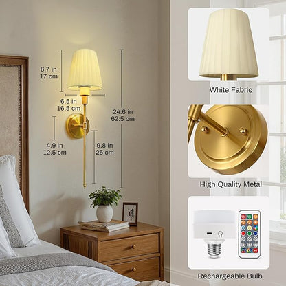 DORESshop Battery Operated Wall Sconce Set of 2, 10 Color Wireless Wall Light Easy to Install, Sconce Wall Decor Set of 2 for Bedroom, Living Room, Pleated Fabric Shade, Gold, 24.6in