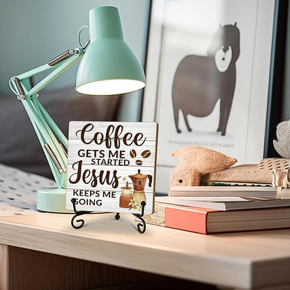 Coffee Gets Started Jesus Keeps Me Going Wood Plaque Sign With Stand, Christian Quote Desk Sign Decor for Farmhouse Home Kitchen Coffee Bar Table Shelf, Motivational Gifts for Women Man Friends