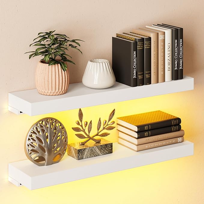 BAMEOS Floating Shelves with LED for Wall Decor, Sturdy Shelves with Warm Light, Wall Mounted Display Shelves, Set of 2, Hanging Shelf for Bathroom, Bedroom, Kitchen, Living Room Storage, White