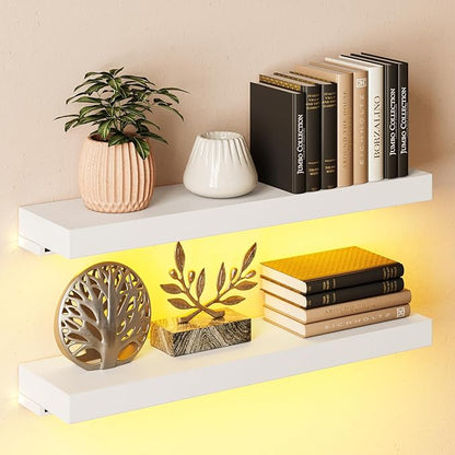 BAMEOS Floating Shelves with LED for Wall Decor, Sturdy Shelves with Warm Light, Wall Mounted Display Shelves, Set of 2, Hanging Shelf for Bathroom, Bedroom, Kitchen, Living Room Storage, White