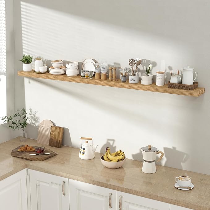 72 Inch Floating Shelves for Wall 1 Pack, 72" Wall Shelves for Books, Storage, Decor, Wall Mounted Floating Shelf with Invisible Brackets for Kitchen, Living Room, Light Brown