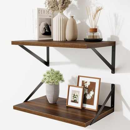 Floating Shelves for Wall,18" Wall Mounted Shelves Set of 2,Wood Floating Shelf with Bracket,Sturdy Metal Bracket Bookshelves Home Decor Storage for Living Room,Bedroom,Bathroom,Kitchen,Walnut