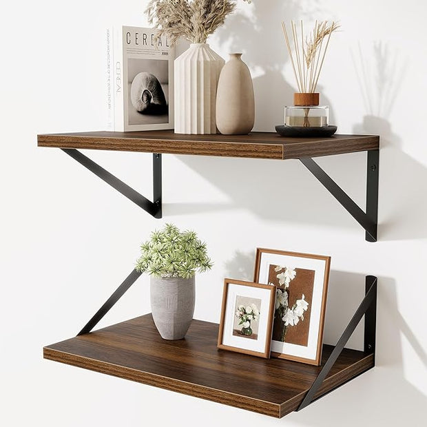 Floating Shelves for Wall,18" Wall Mounted Shelves Set of 2,Wood Floating Shelf with Bracket,Sturdy Metal Bracket Bookshelves Home Decor Storage for Living Room,Bedroom,Bathroom,Kitchen,Walnut