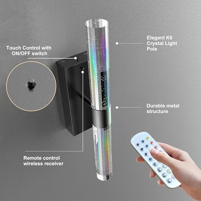 Crystal Battery Operated Wall Sconce, Black Rechargeable Wireless Wall Light Fixtures with Remote Control, 3CCT and 12 RGB Dimmable Wall Sconces Lamp for Bedroom Living Room Hallway