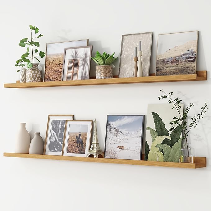 Picture Ledge Shelf, Floating Shelves Set of 2, 56 Inches Long Large Nursery Book Shelves for Toys Storage, Kids Bookshelf Wall Mounted for Living Room Bedroom Decor Books Photo Frames, Natural Oak