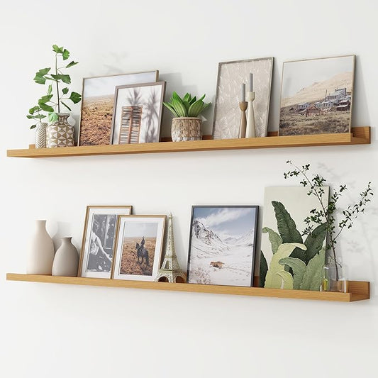 Picture Ledge Shelf, Floating Shelves Set of 2, 56 Inches Long Large Nursery Book Shelves for Toys Storage, Kids Bookshelf Wall Mounted for Living Room Bedroom Decor Books Photo Frames, Natural Oak