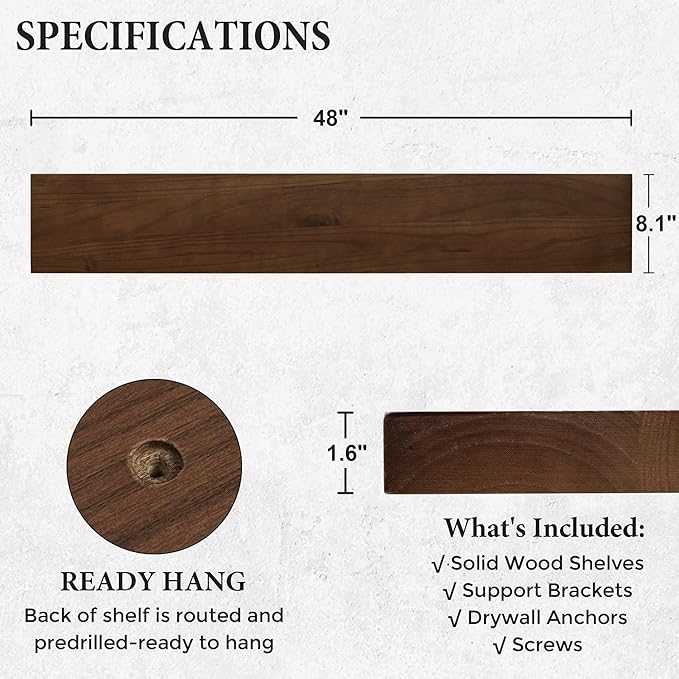 Axeman Floating Shelves, 8 Inch Deep Modern Solid Wood Wall Shelves for Storage, Wall Mounted Display Shelving with Invisible Heavy-Duty Metal Bracket, 48