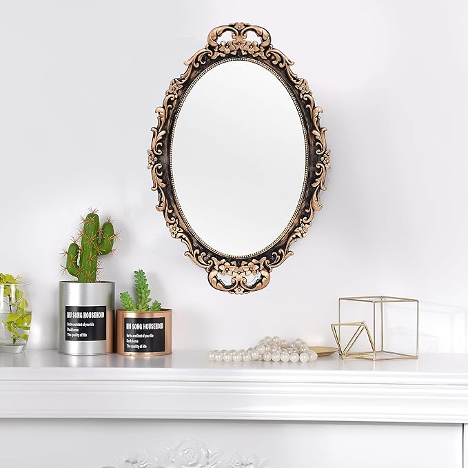 Vintage Decorative Gold Framed Mirror, Wall Hanging Mirrors & Tabletop Tray for Bedroom Living Room Dresser Decor, Oval- 9.6