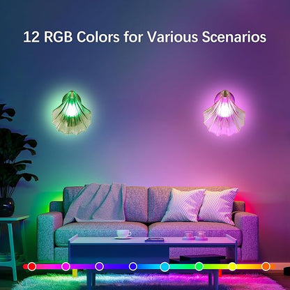 Vintage Battery Operated Wall Sconces with Remote, Green Rechargeable Wireless Wall Sconces with Magnetic LED Bulbs, Indoor Shell Shaped Wall Lights for Living Room, Bedroom, Doorway, Set of 2
