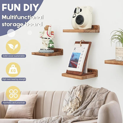 Small Floating Shelf, 5x6 Inch Display Ledges for Wall,Mini Shelves,Rustic Wood Shelf for Bedroom Living Room Bathroom Kitchen (6, Carbonized Black)
