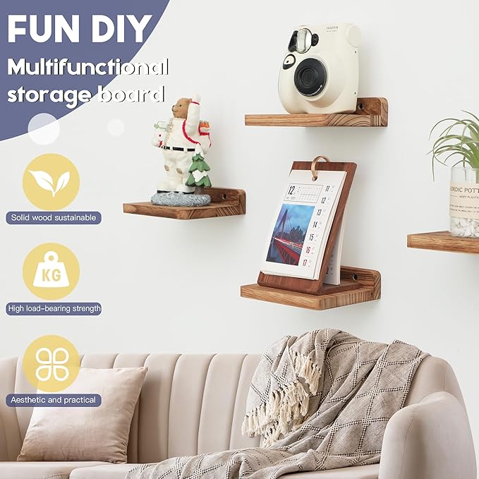 Small Floating Shelf, 5x6 Inch Display Ledges for Wall,Mini Shelves,Rustic Wood Shelf for Bedroom Living Room Bathroom Kitchen (3, Carbonized Black)