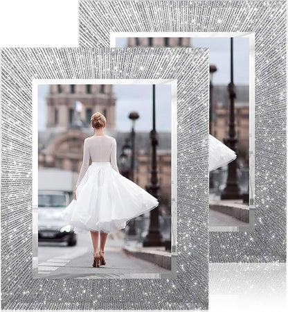 5x7 Picture Frame Glass 2 Pack, Sparkly Glitter Photo Frame 5 x 7 Mirror Crystal Wedding Gift Wall and Tabletop Display