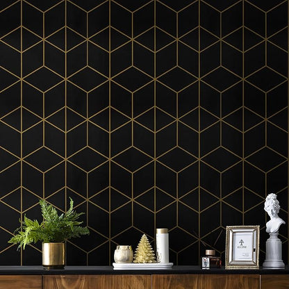 Safiyya 118" x 17.3" Gold and Black Wallpaper Geometric Contact Paper Peel and Stick Wallpaper Removable Self Adhesive Contact Paper for Cabinets and Walls Vinyl Rolls