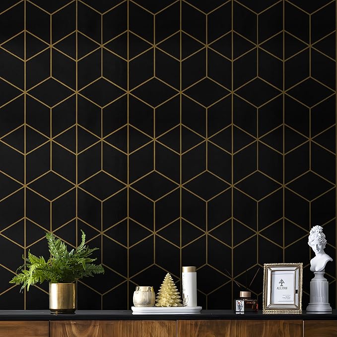 Safiyya 118" x 17.3" Gold and Black Wallpaper Geometric Contact Paper Peel and Stick Wallpaper Removable Self Adhesive Contact Paper for Cabinets and Walls Vinyl Rolls