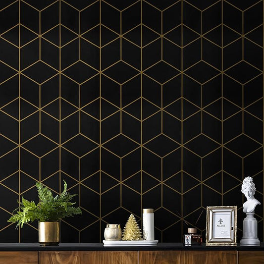 Safiyya 393" x 17.3" Gold and Black Wallpaper Geometric Peel and Stick Wallpaper Removable Self Adhesive Contact Paper for Cabinets and Walls Vinyl Rolls