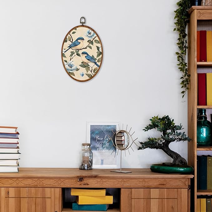 KSDUT Bird Wall Art Decor - Chinoiserie Neutral Mid Century Modern Wall Art Canvas Frame Hanging Prints, Vintage Landscape Oval Wall Art Decor for Home Decorations 8.6"x11.4"