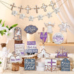Amyhill 29 Pcs Religious Easter Tiered Tray Decor Christian Easter Decorations He is Risen Cross Lily Purple Wooden Signs Rustic Farmhouse Spring Table Decor for Home Kitchen Shelf