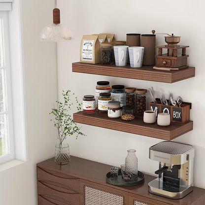 30 Inch Floating Shelves | 12 Inch Deep Walnut Floating Shelves Set of 2 | 30" W x 12" D Rustic Wood Shelves for Wall | Deep Walnut Shelves for Living Room Bathroom Laundry Room Kitchen