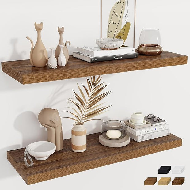 Fun Memories Deep Floating Shelves, 36" W x 12" D Wood Floating Shelves for Wall, 2 Pack Extra Deeper & Thicker Wall Mounted Storage Shelf for Living Room Laundry Room Kitchen Home Office, Walnut