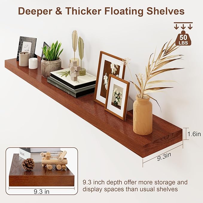 RICHFOCUS Floating Shelves for Wall | 55W x 9.3D Rustic Floating Shelves with Solid Ash Wood Veneer Set of 1 | Long Wall Shelves with Upgraded Brackets | for Living Room Bathroom Home Office