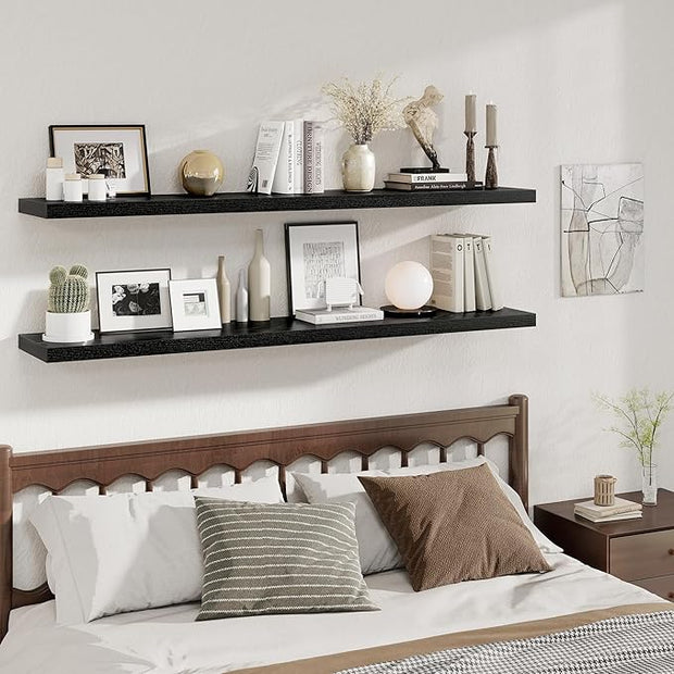 Fun Memories 12 Inch Deep Floating Shelves, 67 Inch Long Extra Large Floating Shelves Set of 2, Rustic Wood Wall Shelves for Living Room, Kitchen, Bedroom, Farmhouse, Laundry Room, Home Office - Black